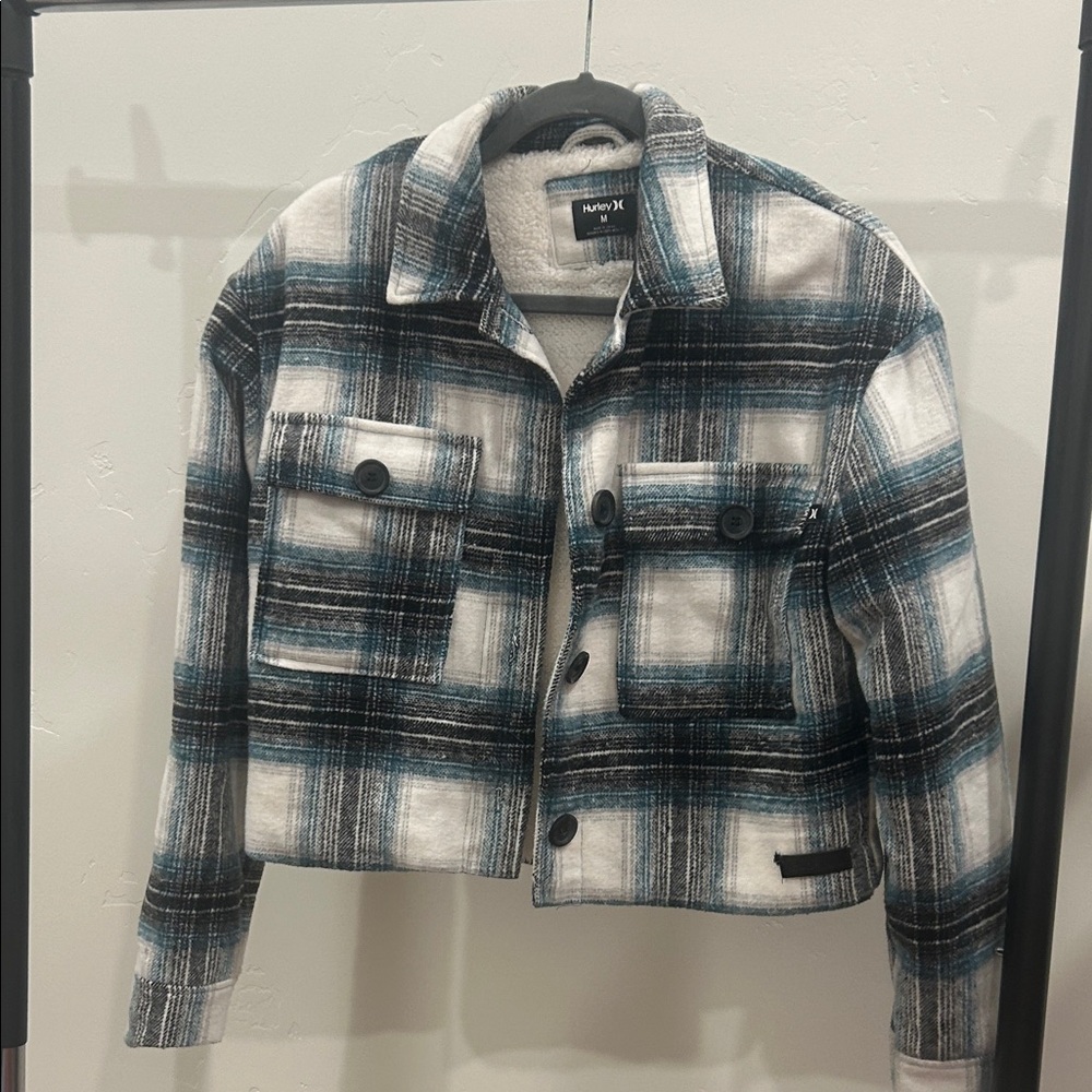 Plaid cropped Women's Hurley Jacket in Black Turquoise and white